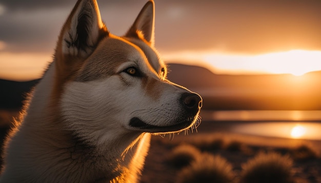 Un cane jindo che guarda al tramonto Realistico