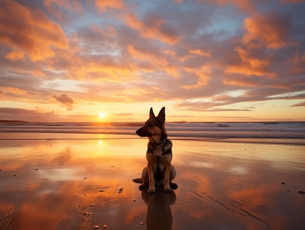 Un cane leale che guarda il tramonto su una spiaggia di sabbia