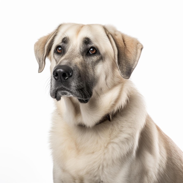 Un cane marrone chiaro con naso nero e naso nero siede davanti a uno sfondo bianco.