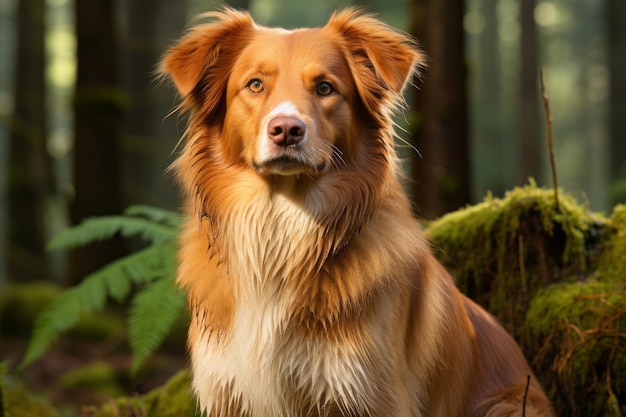 un cane marrone e bianco seduto nel bosco