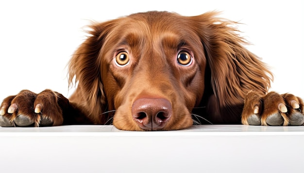 un cane marrone sta alzando lo sguardo da un altro tavolo nello stile di sfondo bianco