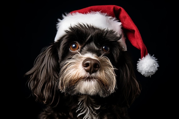 Un cane molto carino con un cappello di Natale su uno sfondo nero