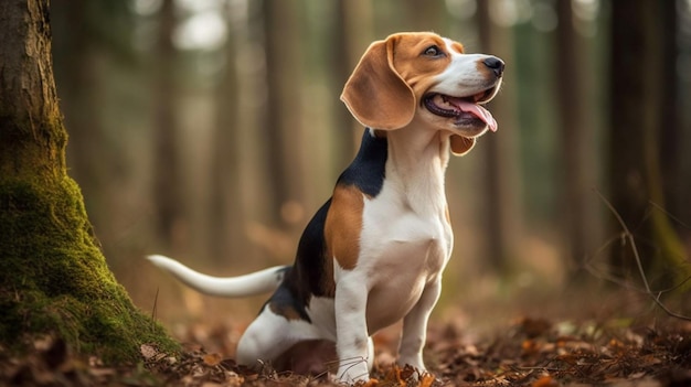 Un cane nel bosco con la lingua fuori