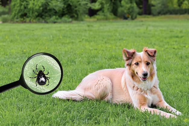 Un cane nel parco cittadino sul prato la minaccia delle zecche Una lente d'ingrandimento con una lente d'ingrandimento mostra la minaccia delle zecche