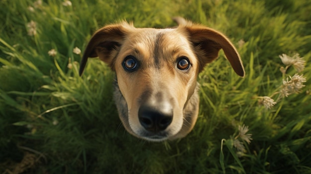 Un cane nell'erba che guarda la telecamera