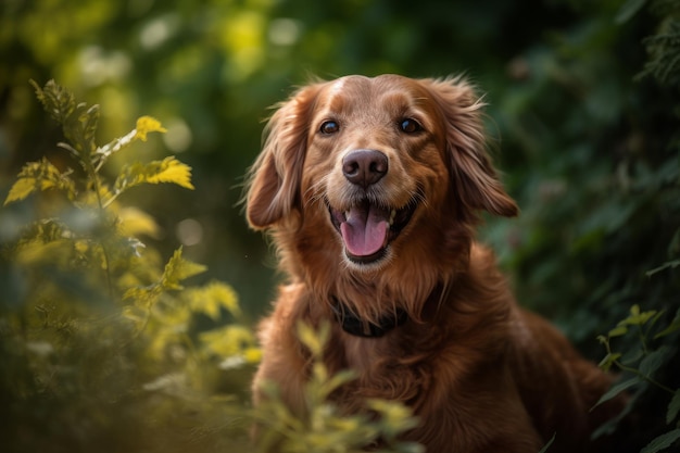 Un cane nell'erba con uno sfondo verde