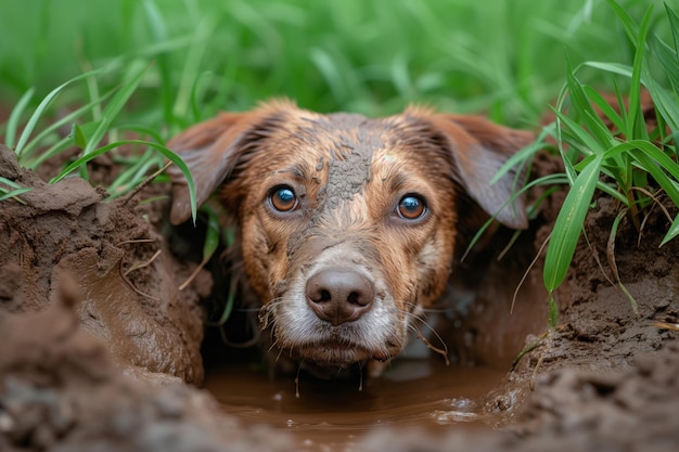 Un cane nell'erba verde e nel fango