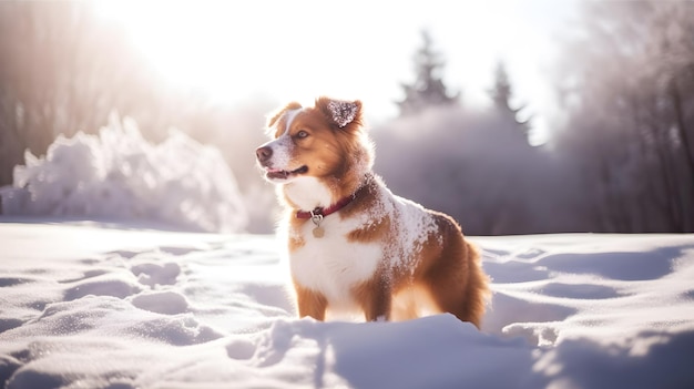 Un cane nella neve con sopra la parola inverno