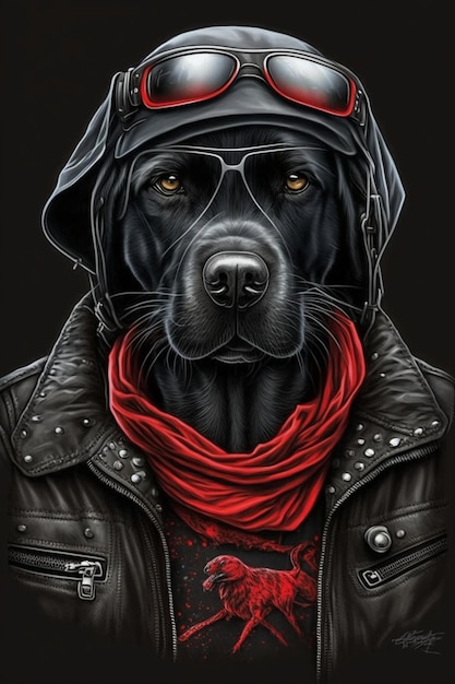 Un cane nero che indossa giacca di pelle e sciarpa rossa ai generativa