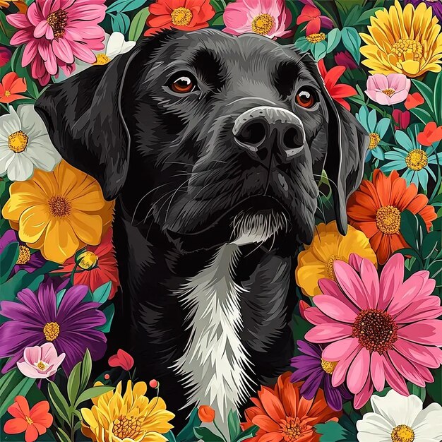 Un cane nero circondato da fiori colorati