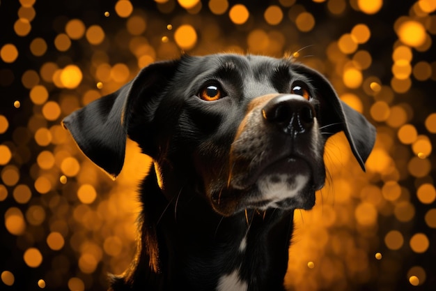 Un cane nero con gli occhi arancioni guarda verso l'alto