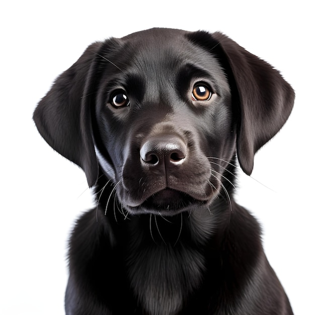 Un cane nero con un occhio marrone e uno sfondo bianco.
