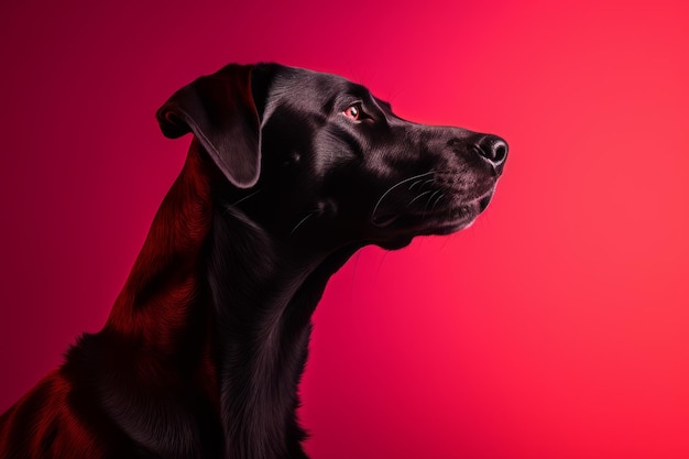 un cane nero è in piedi davanti a uno sfondo rosso