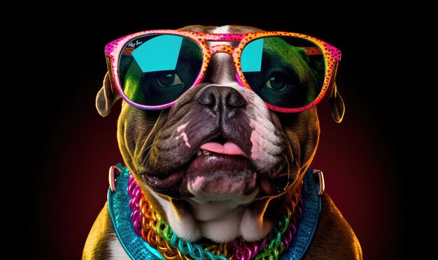 Un cane Pitbull cyberpunk che indossa occhiali da sole e abiti color neon emette un'atmosfera futuristica