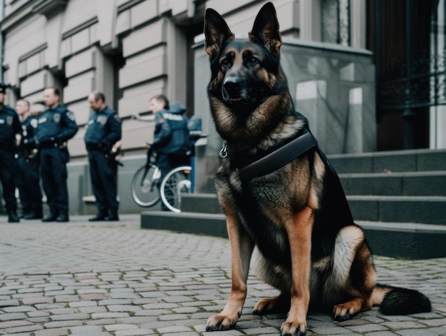 Un cane poliziotto seduto sul marciapiede di fronte a un edificio Immagine di intelligenza artificiale generativa