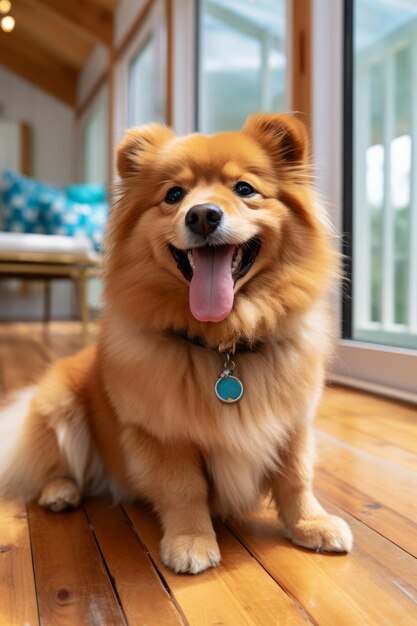 Un cane pomeraniano sorridente seduto su un pavimento di legno