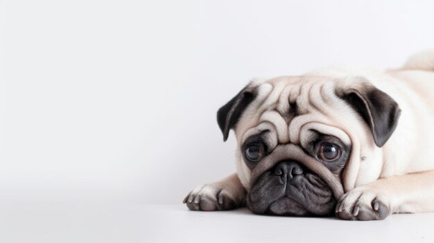 Un cane pug con uno sfondo bianco