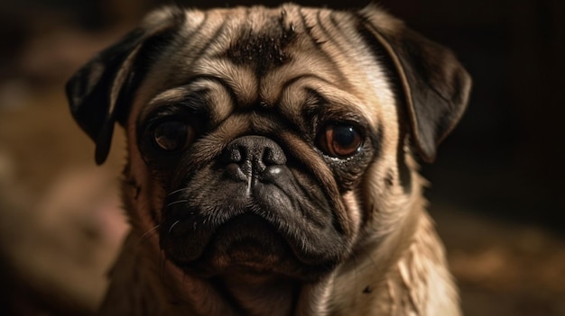 Un cane pug con uno sguardo triste sul suo volto