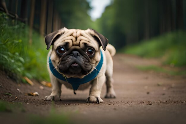 Un cane pug su un sentiero nel bosco