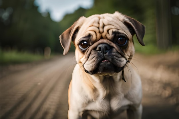 Un cane pug su una strada sterrata