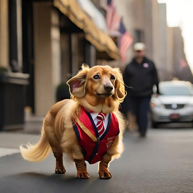 Un cane regale Weiner con una criniera dorata del pelo AI di Donald Trump