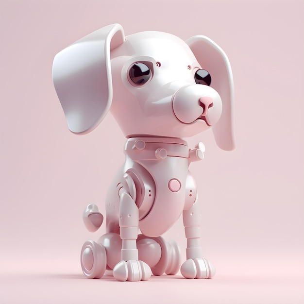 Un cane robot è seduto su uno sfondo rosa.