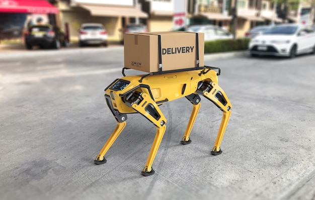 Un cane robot sta arrivando per consegnare la merce