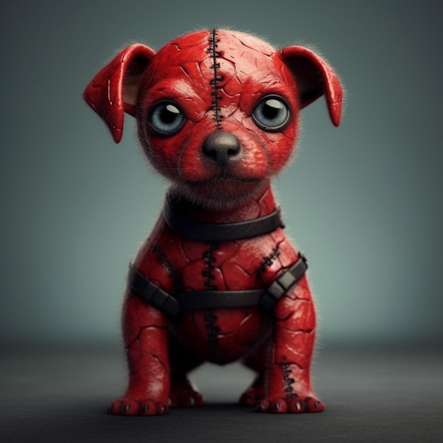 Un cane rosso con una faccia bendata siede su uno sfondo grigio.