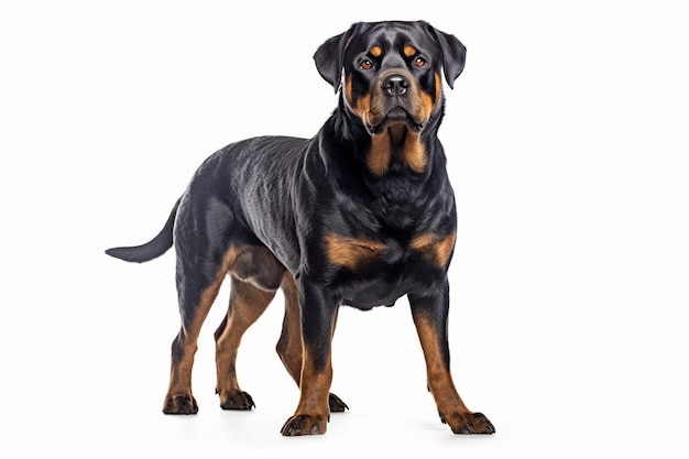 Un cane rottweiler con un mantello nero focato