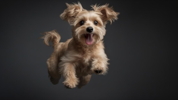 Un cane salta in aria con la lingua fuori.