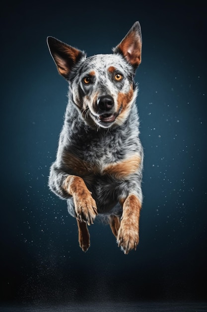 Un cane salta in aria con sopra la scritta blue heeler.