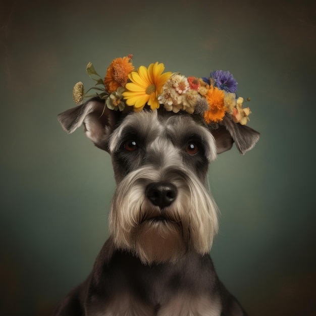 Un cane Schnauzer nano con corona floreale generativo AI