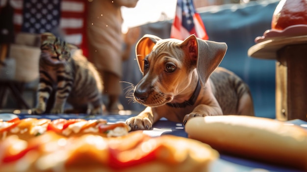 Un cane sdraiato a terra accanto all'immagine generativa di hot dog ai