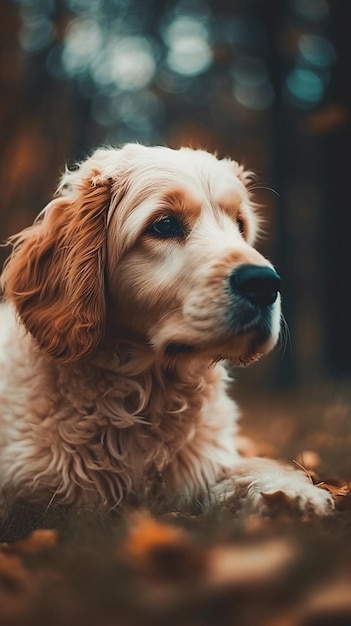 Un cane sdraiato a terra con uno sfondo marrone e la parola cane sul davanti.