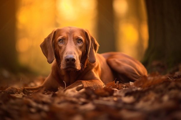 Un cane sdraiato a terra nel bosco