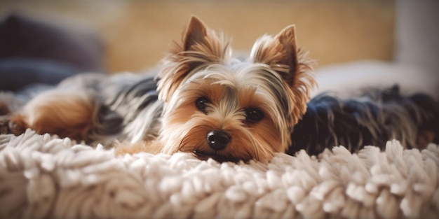 Un cane sdraiato su un letto con una maglietta con su scritto "yorkshire terrier".