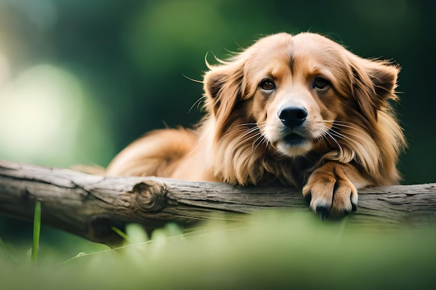 Un cane sdraiato su un tronco con uno sfondo verde