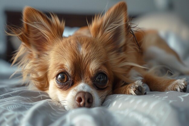 un cane sdraiato su una coperta bianca con le parole "il cane" su di esso