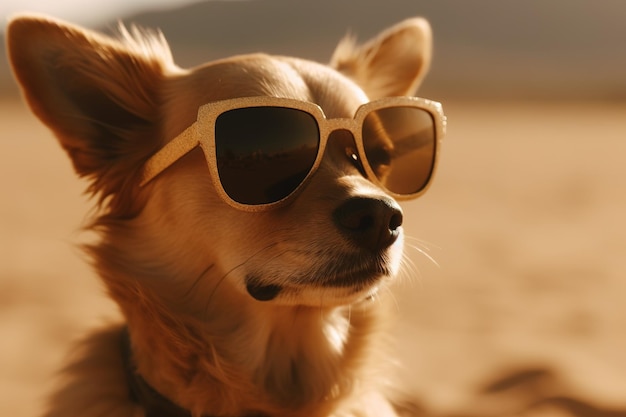 un cane sdraiato su una spiaggia sabbiosa mentre indossa occhiali da sole