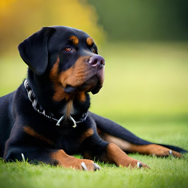 Un cane sdraiato sull'erba con una catena intorno.