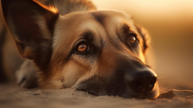 Un cane sdraiato sulla sabbia che sembra triste