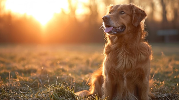 Un cane seduto in un campo con il sole che tramonta dietro di esso ai