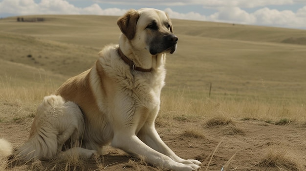 Un cane seduto in un campo