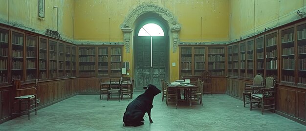 un cane seduto in una biblioteca a guardare gli scaffali dei libri