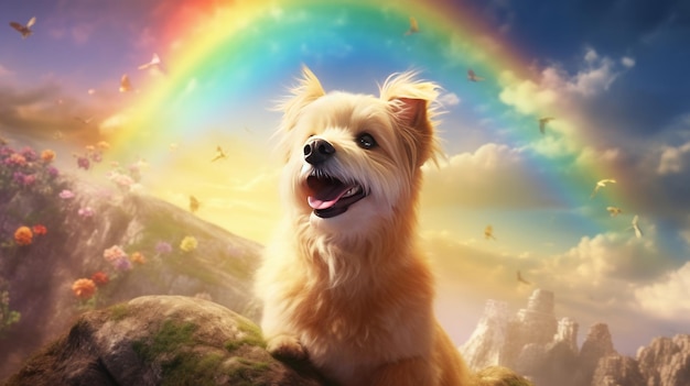 Un cane seduto su una roccia con un arcobaleno sullo sfondo