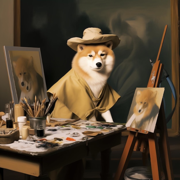 Un cane Shiba Inu che indossa un cappello e un mantello si siede davanti a un cavalletto che dipinge un suo ritratto