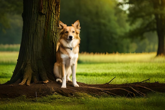 Un cane si siede accanto a un albero in un campo.