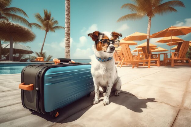 Un cane si siede accanto a una valigia blu su una spiaggia