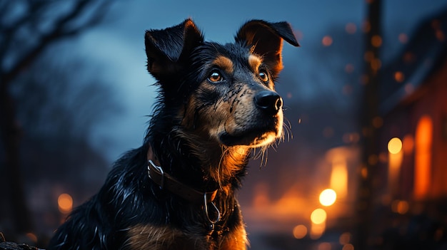 Un cane si siede al buio con uno sfondo sfocato di notte