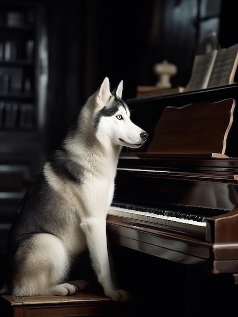 Un cane si siede davanti a un pianoforte